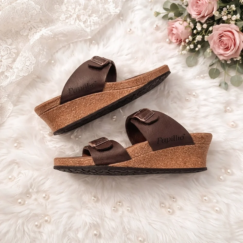 Birkenstock Dorothy Papillio 6-6.5 Brown Cork Wedge Slide Sandals  Dual Straps